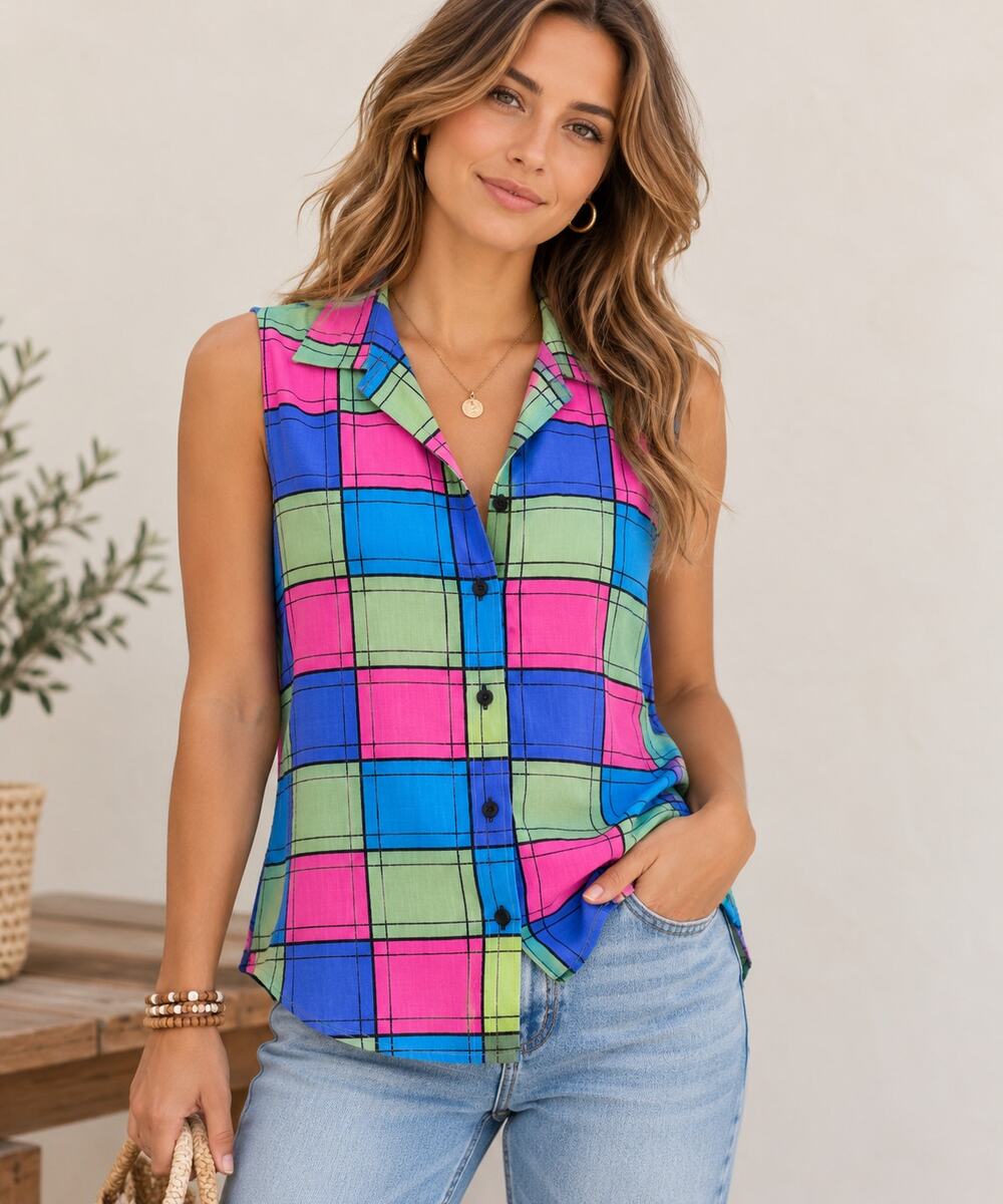Notations Button-Up Blouse Women's Size S Sleeveless Lightweight Retro Colorful